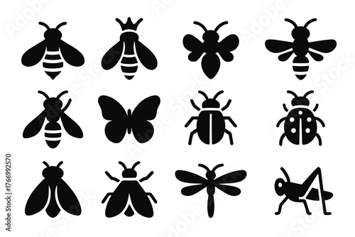 Insect Icons Collection. Solid style icons of Bees and insects: bee, queen bee, drone, wasp, hornet, butterfly, beetle, ladybug,