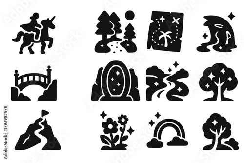 Magical Adventure Icons. Solid style icons of Adventure and quest: unicorn riding, magical forest path, treasure hunt, enchanted