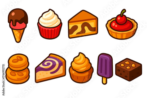 Bold Dessert Icons. Isometric vector illustration set dessert icons: dipped waffle ice cream, whipped frosting cupcake, marble