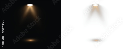 Bright spotlights shine down, forming focused light circles. Stage lighting creates dramatic beams in concert visuals. Overlay effects simulate professional studio illumination. Row of spotlights