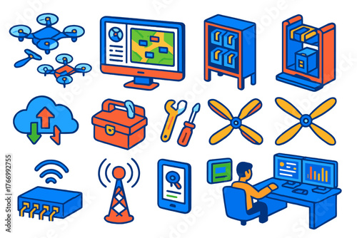 Drone Fleet Tools. Isometric vector illustration set Drone Fleet Management: multiple drones in formation, fleet control software