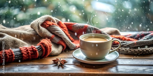A cup of coffee on a wooden table with a cozy scarf and snow falling outside the window, creating a warm and inviting winter scene, perfect for relaxation and comfort