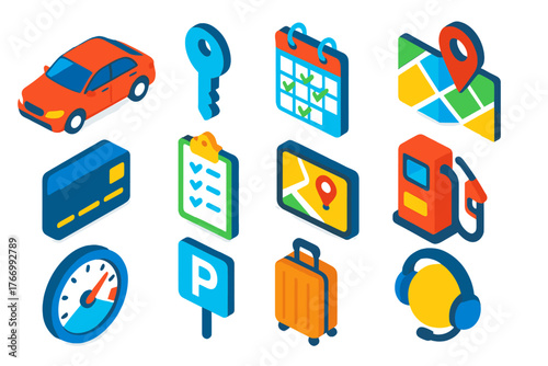 Rental Transport Icons. Isometric vector illustration set Rental Transport Icons: car, key, booking calendar, map location,