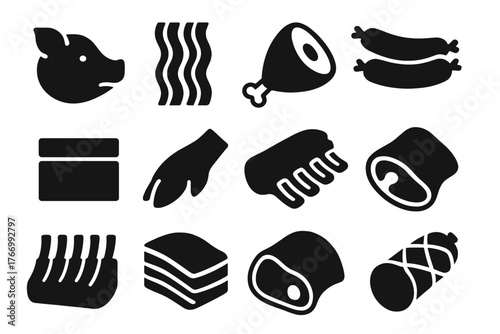 Pig Produce Icons. Solid style icons of Pig produce: pork cut, bacon, ham, sausages, lard, trotters, ribs, chops, ribs rack, belly