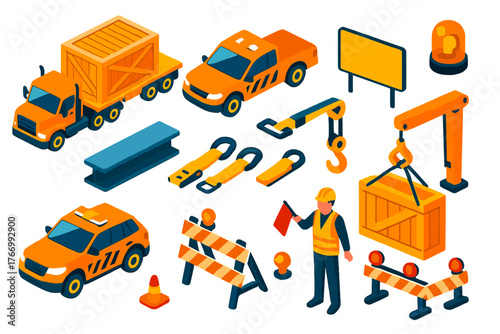 Isometric Logistics Icons. Isometric vector illustration set delivery and shipping: oversized load truck, pilot car, wide load