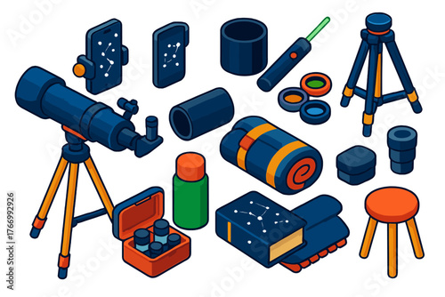Amateur Astronomy Tools. Isometric vector illustration set Amateur Astronomy Tools: portable telescope, smartphone mount,