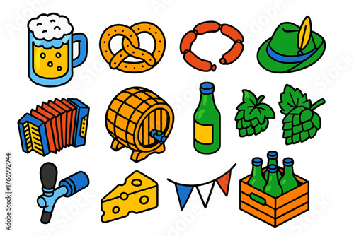 German Beer Fest Icons. Isometric vector illustration set German Beer Fest Linear Icons: beer mug, pretzel, sausage link, Tyrolean