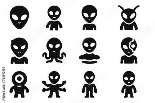 Alien Icons Collection. Solid style icons of Aliens and extraterrestrial creatures: alien, little green man, gray alien, insectoid