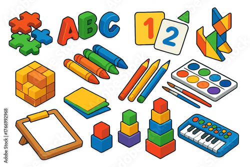 Colorful Learning Tools. Isometric vector illustration set abc blocks, puzzles, crayons, and more: magnetic ABC letters, number