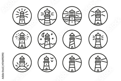 Lighthouse Beacon Icons. Line style icons of lighthouse beacons in round shape: light ray burst, rotating beacon, foggy beam, dual