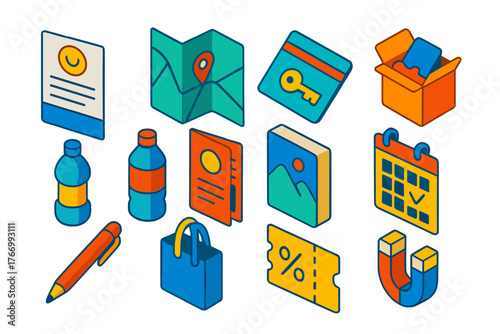 Guest Welcome Package Icons. Isometric vector illustration set Guest Welcome Package Icons: welcome letter, map, keycard, snack