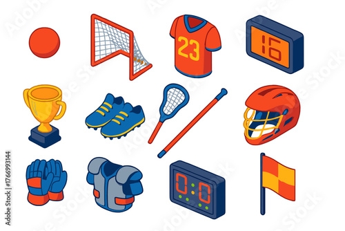 Lacrosse Equipment Icons. Isometric vector illustration set ball, goalpost, jersey, timer, trophy, shoes: lacrosse ball, lacrosse