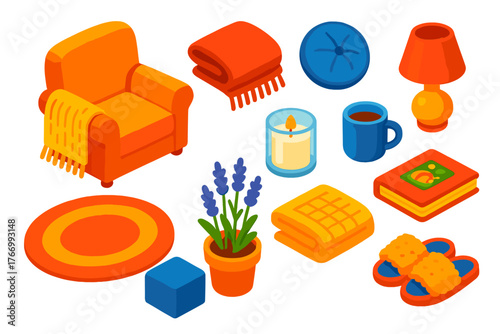 Cozy Home Essentials. Isometric vector illustration set relaxation and comfort: upholstered armchair, chenille throw, round pillow