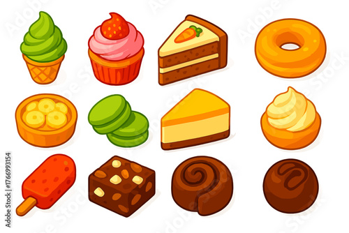 Colorful Dessert Icons. Isometric vector illustration set dessert icons: matcha ice cream, strawberry frosting cupcake, carrot