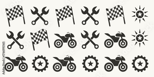 Collection of black motorcycle racing and repair icons with checkered flags wrenches sun and gears