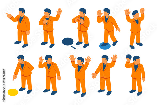 Performance Gesture Icons. Isometric vector illustration set Performance Stage Hand Gestures: cue to start, cue to stop, applause