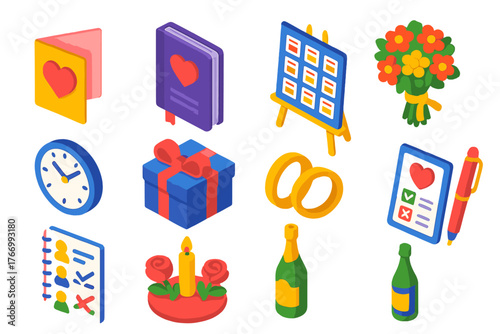 Wedding Planning Icons. Isometric vector illustration set Wedding Planning and Scheduling Icons: wedding invitation, planner