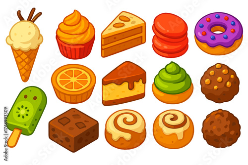 Bright Dessert Icons. Isometric vector illustration set dessert icons: vanilla bean ice cream, orange swirl cupcake, almond cake