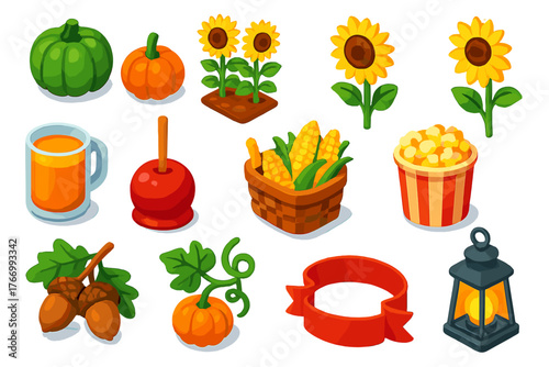 Harvest Festival Icons. Isometric vector illustration set pumpkin, sunflower, apples, and more: mini pumpkin, green pumpkin,