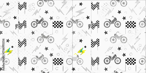 Seamless pattern of motocross bikes checkered flags lightning bolts and stars in a fun doodle style
