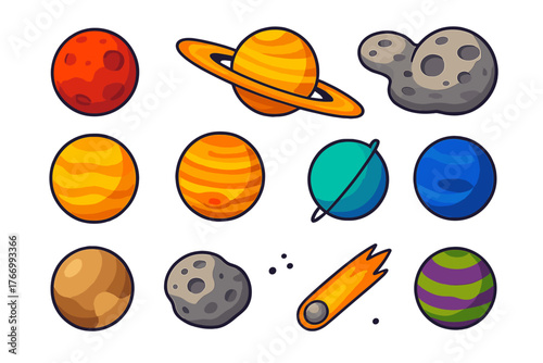 Planetary Science Icons. Isometric vector illustration set Planetary Science Icons: Mars planet, Saturn with rings, Jupiter with