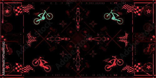 Dynamic red and teal motocross racing design with checkered flags and stars on black background