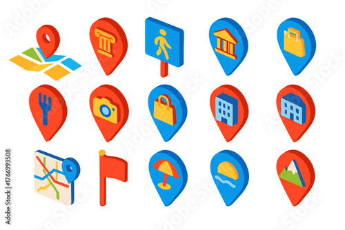 Tourist Navigation Icons. Isometric vector illustration set Tourist Navigation Icons: city guide map, monument location pin,