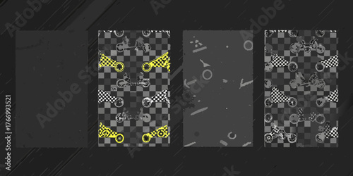 Monochromatic motorcycle graphics and checkered patterns with yellow accents on dark background