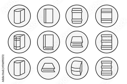 Book Spine Icons. Line style icons of book spines in round shape: rounded spine, flat spine, raised bands, stitched spine; exposed