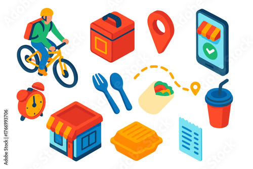 Quick Delivery Icons. Isometric vector illustration set Quick Delivery Icons: food courier, thermal bag, location icon, mobile