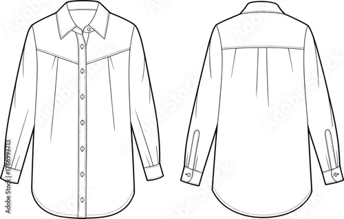Long-sleeve button-up shirt template, front and back view, fashion sketch, collar detail, garment design, vector illustration, clothing mockup, formal style