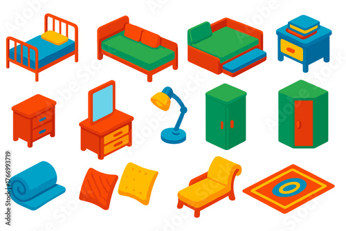 Colorful Bedroom Elements. Isometric vector illustration set bedroom elements collection: metal bed frame, daybed, trundle bed,
