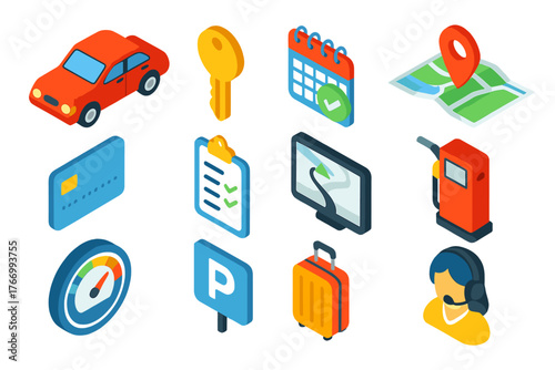 Rental Transport Icons. Isometric vector illustration set Rental Transport Icons: car, key, booking calendar, map location,