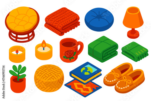 Comfortable Relaxation Set. Isometric vector illustration set relaxation and comfort: papasan chair, knitted blanket, soft round