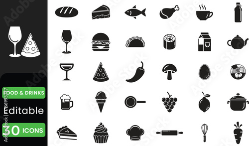 Collection of diverse food and drink icons representing various culinary items and beverages in a grid layout
