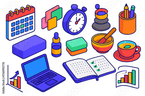 Mindful Productivity Icons. Isometric vector illustration set Productivity and Mindfulness: calendar page, sticky notes, stopwatch