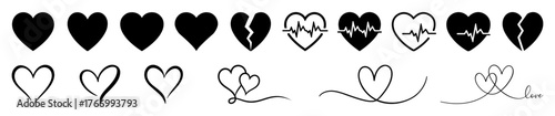 Set of black heart and line art hearts, including broken hearts and heartbeat symbols. Perfect for love, Valentine’s Day, romance, wedding, and emotional design. Heart, love, red heart.
