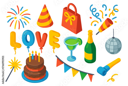 Vibrant Party Icons. Isometric vector illustration set celebration elements: multicolor fireworks, cone party hat, gift bag with