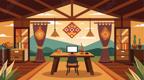 A spacious work area nestled in a secluded corner of the lodge boasting a traditional African decor and ample natural light.. Vector illustration