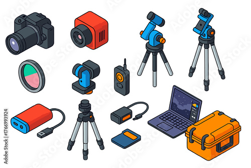 Amateur Astrophotography Tools. Isometric vector illustration set Amateur Space Photography: DSLR with telescope adapter,