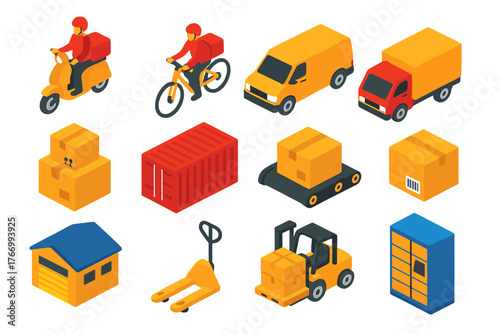 Delivery Icons Set. Isometric vector illustration set delivery and shipping: courier on scooter, courier on bicycle, delivery van,