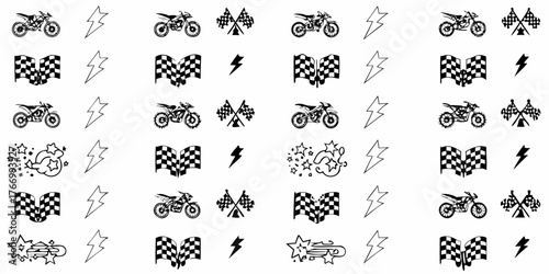 Collection of motocross bikes checkered flags lightning bolts and shooting stars graphic elements for racing themes
