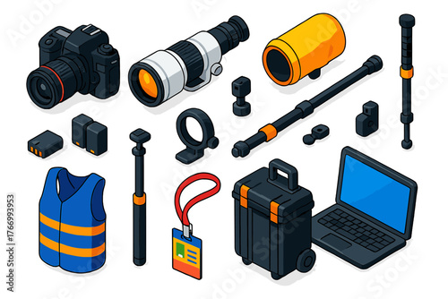 Sports Photography Gear. Isometric vector illustration set Sports Photography Kit: high-speed camera, super telephoto lens,