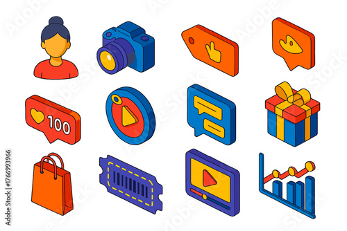 Influencer Marketing Icons. Isometric vector illustration set Influencer Marketing Icons: influencer avatar, camera, sponsored tag