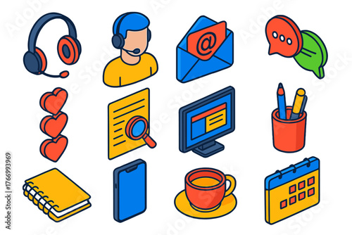 Customer Support Essentials. Isometric vector illustration set headset, support agent, email, messaging, feedback, inquiry: