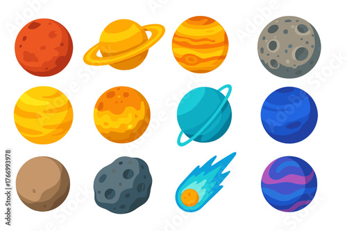 Planetary Science Icons. Isometric vector illustration set Planetary Science Icons: Mars planet, Saturn with rings, Jupiter with