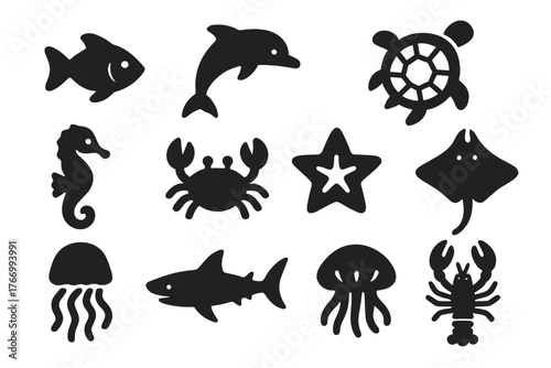 Sea Creatures Icons. Solid style icons of Sea creatures: fish, dolphin, turtle, seahorse, crab, octopus, jellyfish, shark, ray,
