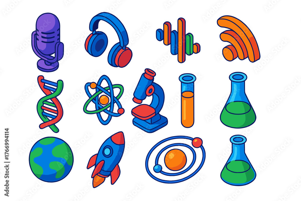 Science Podcast Icons. Isometric vector illustration set Science Podcast Icons: microphone, headphones, waveform, RSS feed icon,