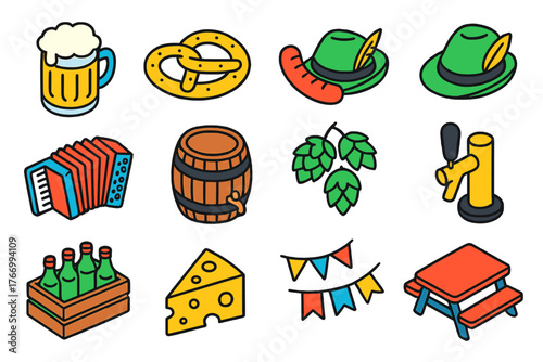 Beer Fest Icons. Isometric vector illustration set Beer Fest Celebration Linear Icons: beer mug, pretzel, sausage, Tyrolean hat,