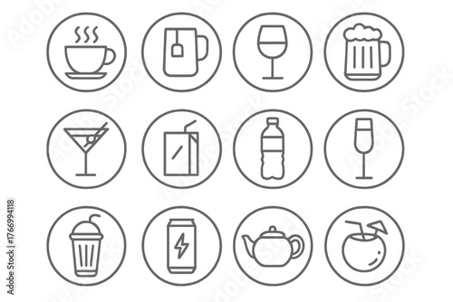 Round Drink Icons. Line style icons of drinks in round shape: coffee cup, tea mug, wine glass, beer mug; cocktail glass, juice box